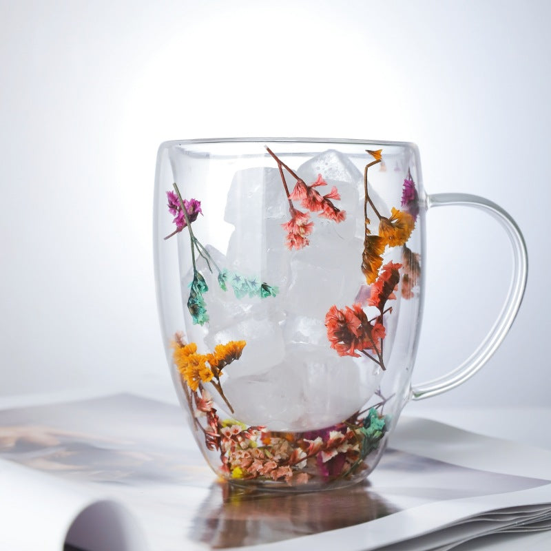 Double-Layer Glass Dried Flower Handled Cup - Modern Insulated Drinkware