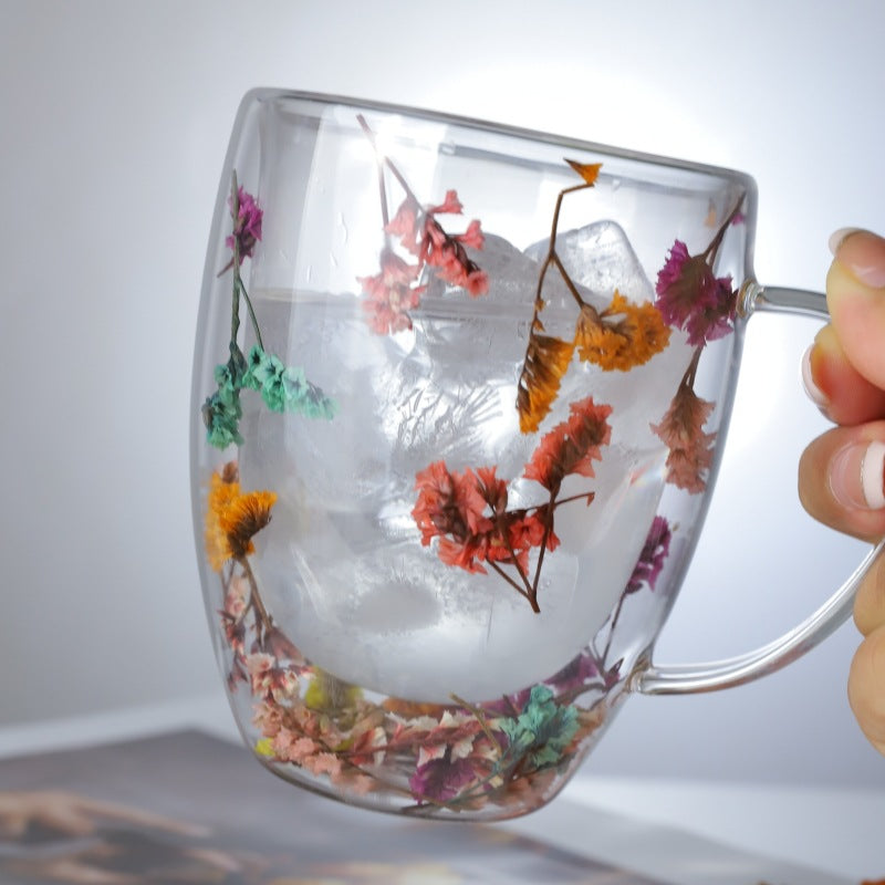 Double-Layer Glass Dried Flower Handled Cup - Modern Insulated Drinkware