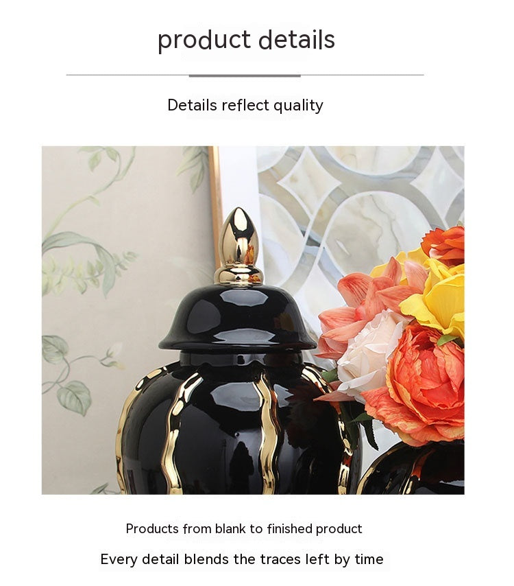 Ceramic Temple Jar Ornaments Set - Black and Gold Pattern Home Decor