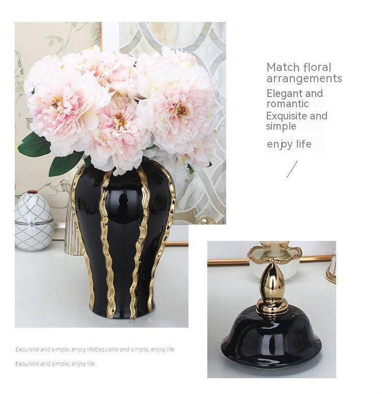 Ceramic Temple Jar Ornaments Set - Black and Gold Pattern Home Decor