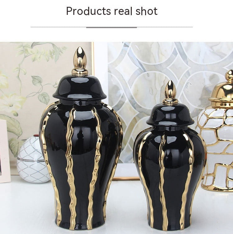 Ceramic Temple Jar Ornaments Set - Black and Gold Pattern Home Decor