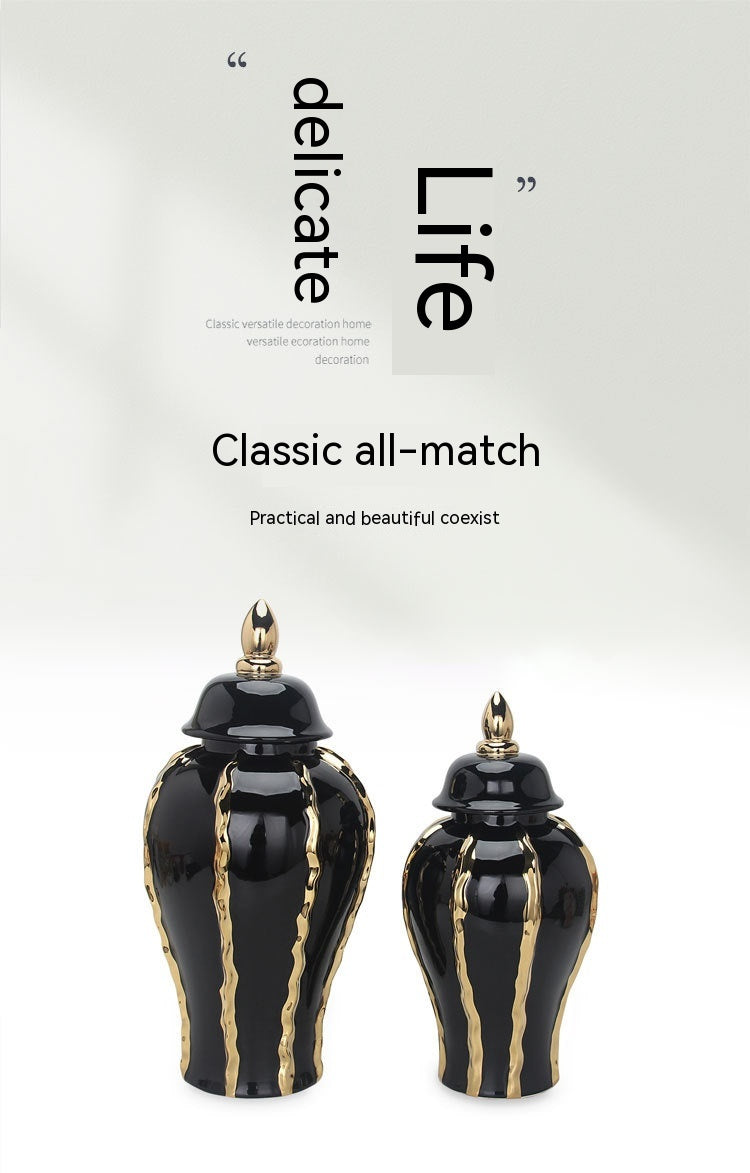 Ceramic Temple Jar Ornaments Set - Black and Gold Pattern Home Decor
