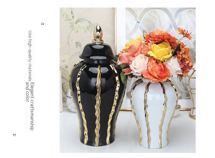 Ceramic Temple Jar Ornaments Set - Black and Gold Pattern Home Decor