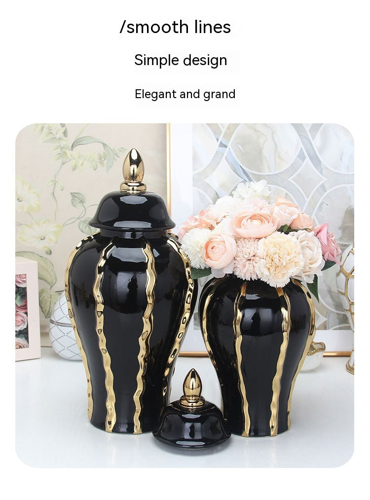 Ceramic Temple Jar Ornaments Set - Black and Gold Pattern Home Decor