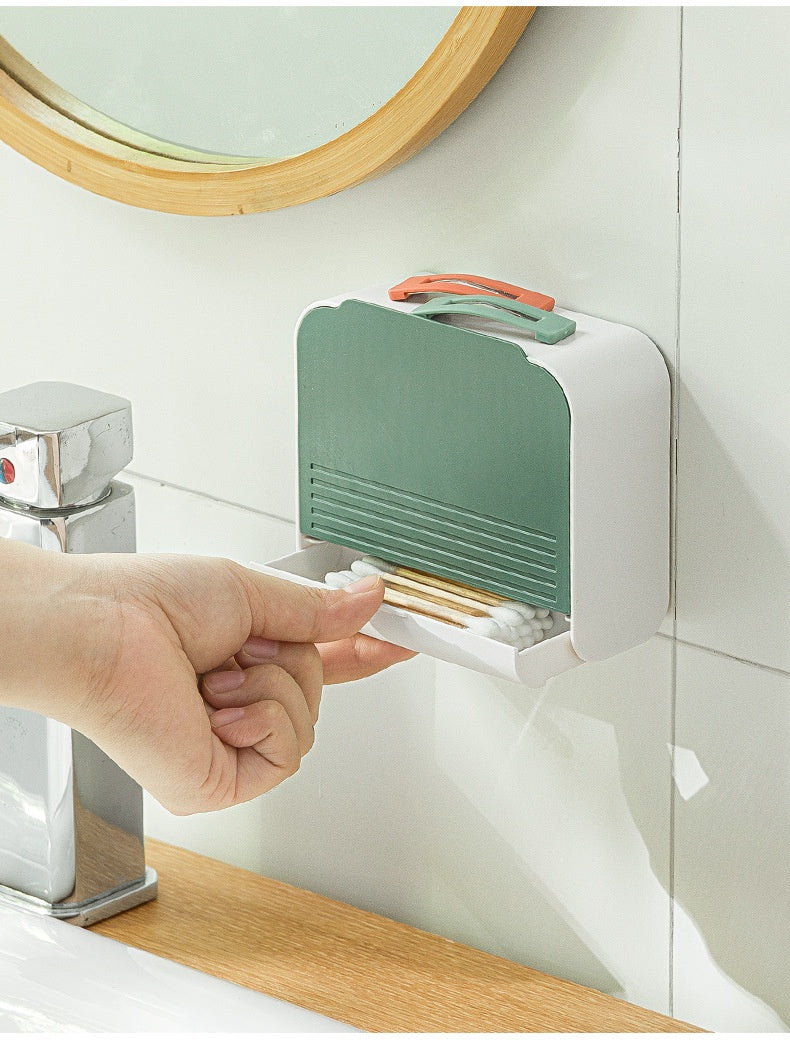 Punch-Free Dustproof Wall-Mounted Cotton Swab Storage Box Bathroom Organizer