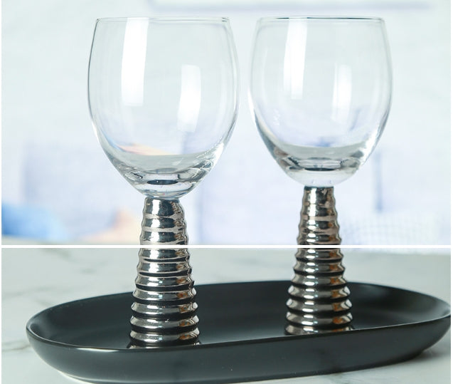 Decorative Wine & Champagne Glass Goblet Set - Threaded Black, Silver & Gold Options