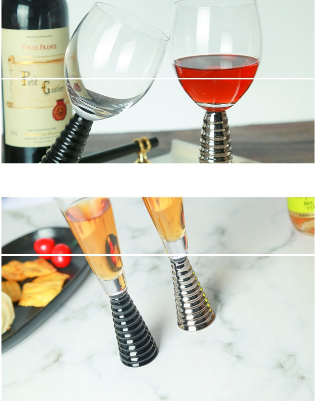 Decorative Wine & Champagne Glass Goblet Set - Threaded Black, Silver & Gold Options