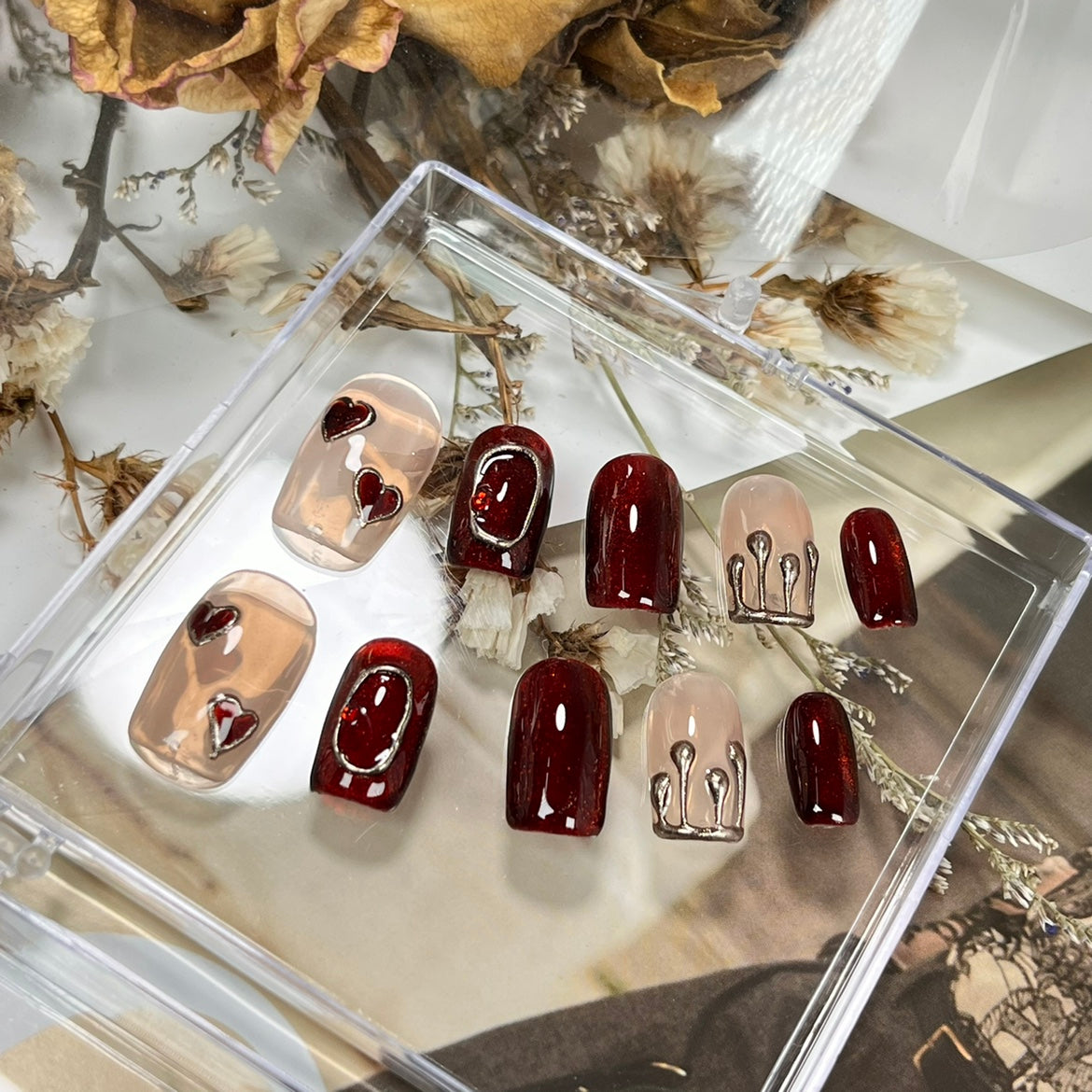 Red Cat's Eye Wedding Nail Set - Hand-Worn Bridal Nail Art