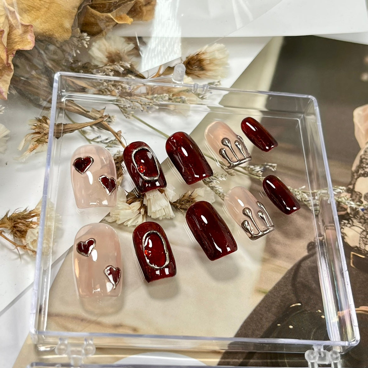 Red Cat's Eye Wedding Nail Set - Hand-Worn Bridal Nail Art