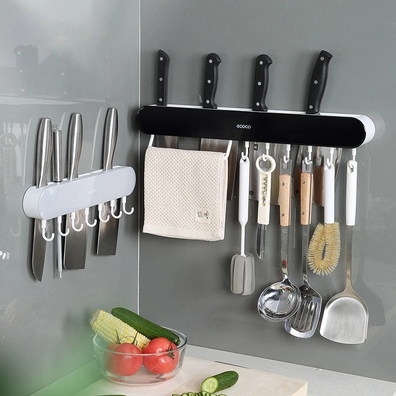 Wall-Mounted Knife Rack with Integrated Storage for Kitchen Organizer