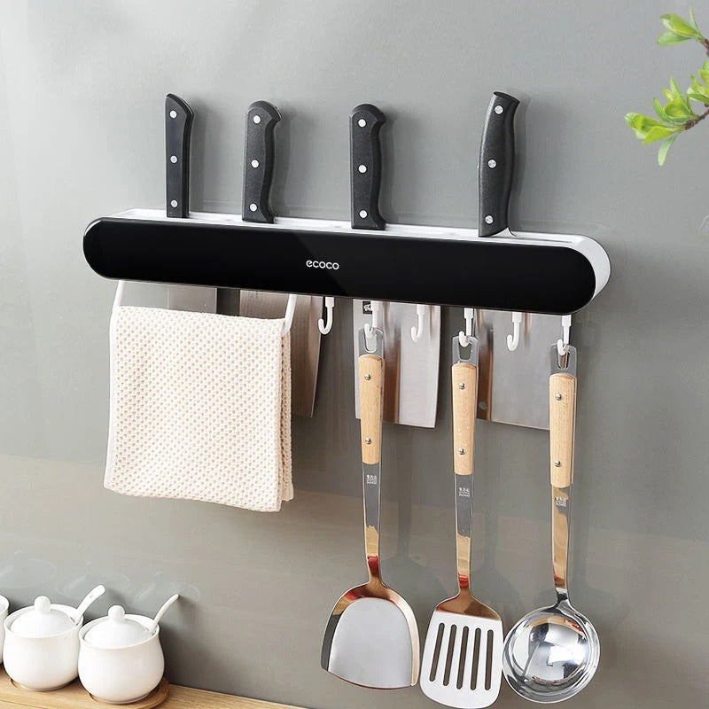 Wall-Mounted Knife Rack with Integrated Storage for Kitchen Organizer