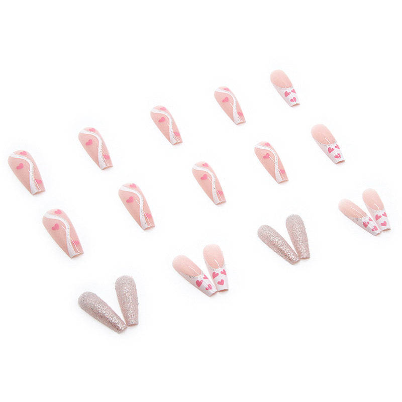 Fake Nail Set with Shine Love Pattern and Glue - Long French Style
