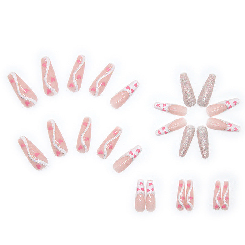 Fake Nail Set with Shine Love Pattern and Glue - Long French Style