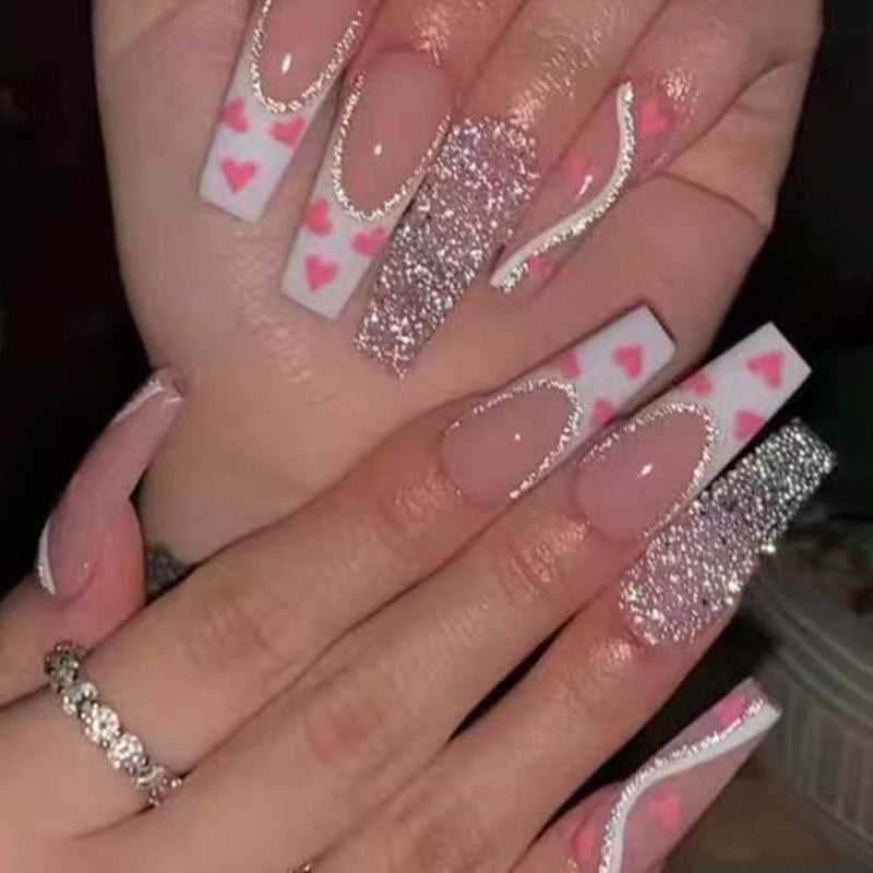 Fake Nail Set with Shine Love Pattern and Glue - Long French Style