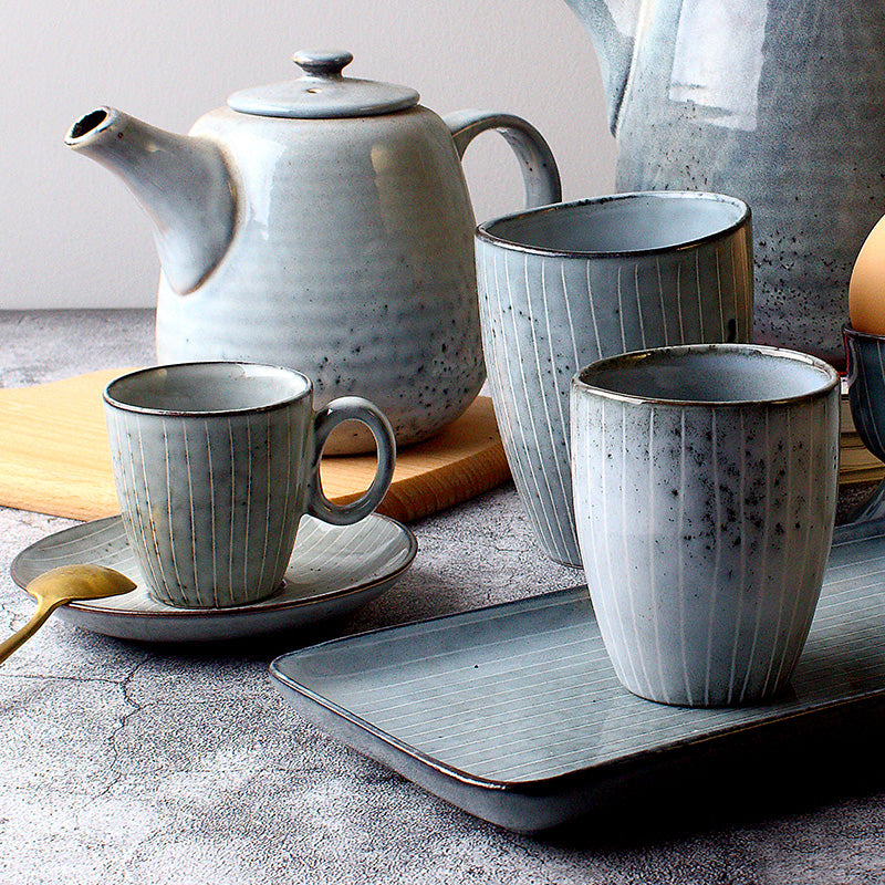 Vintage Ceramic Mug and Kiln Baked Kettle Set - Hand-Painted Porcelain