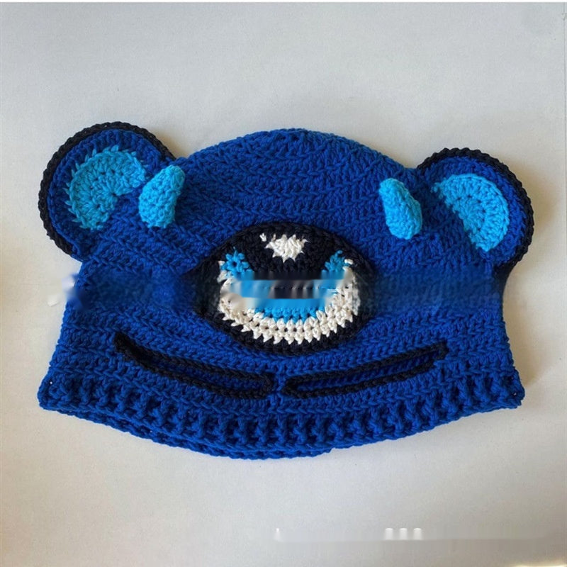 Knitted Rabbit Ear Mask Hat - Funny One-Eye Exposed Horn Thermal & Windproof