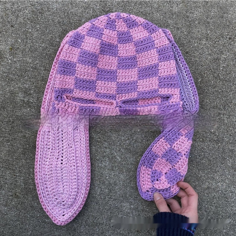 Knitted Rabbit Ear Mask Hat - Funny One-Eye Exposed Horn Thermal & Windproof