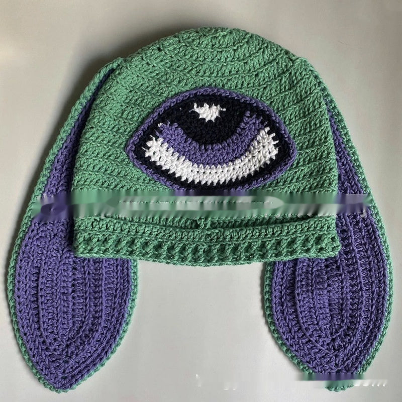 Knitted Rabbit Ear Mask Hat - Funny One-Eye Exposed Horn Thermal & Windproof