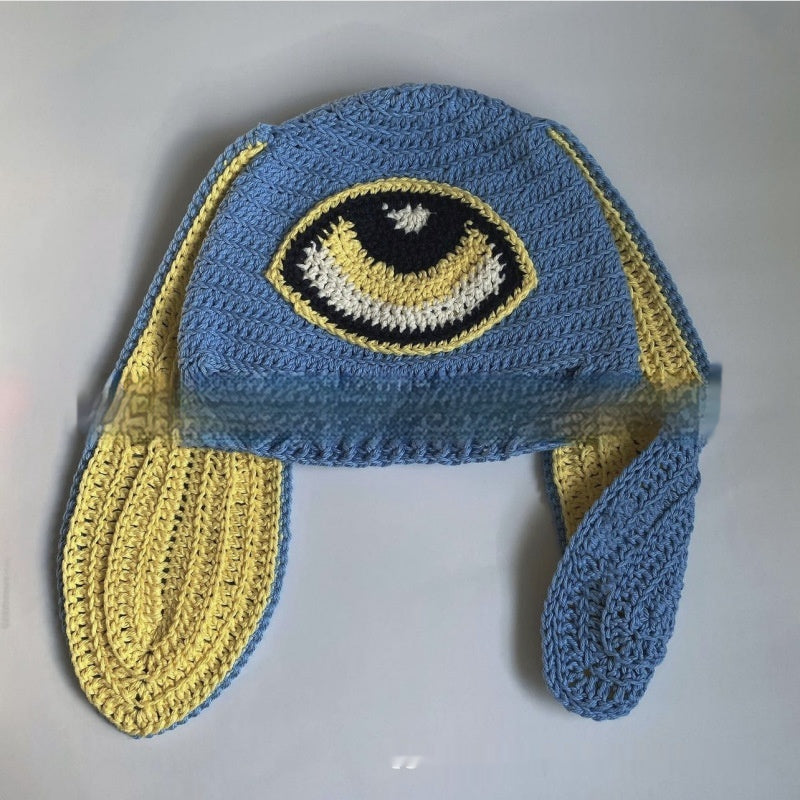 Knitted Rabbit Ear Mask Hat - Funny One-Eye Exposed Horn Thermal & Windproof