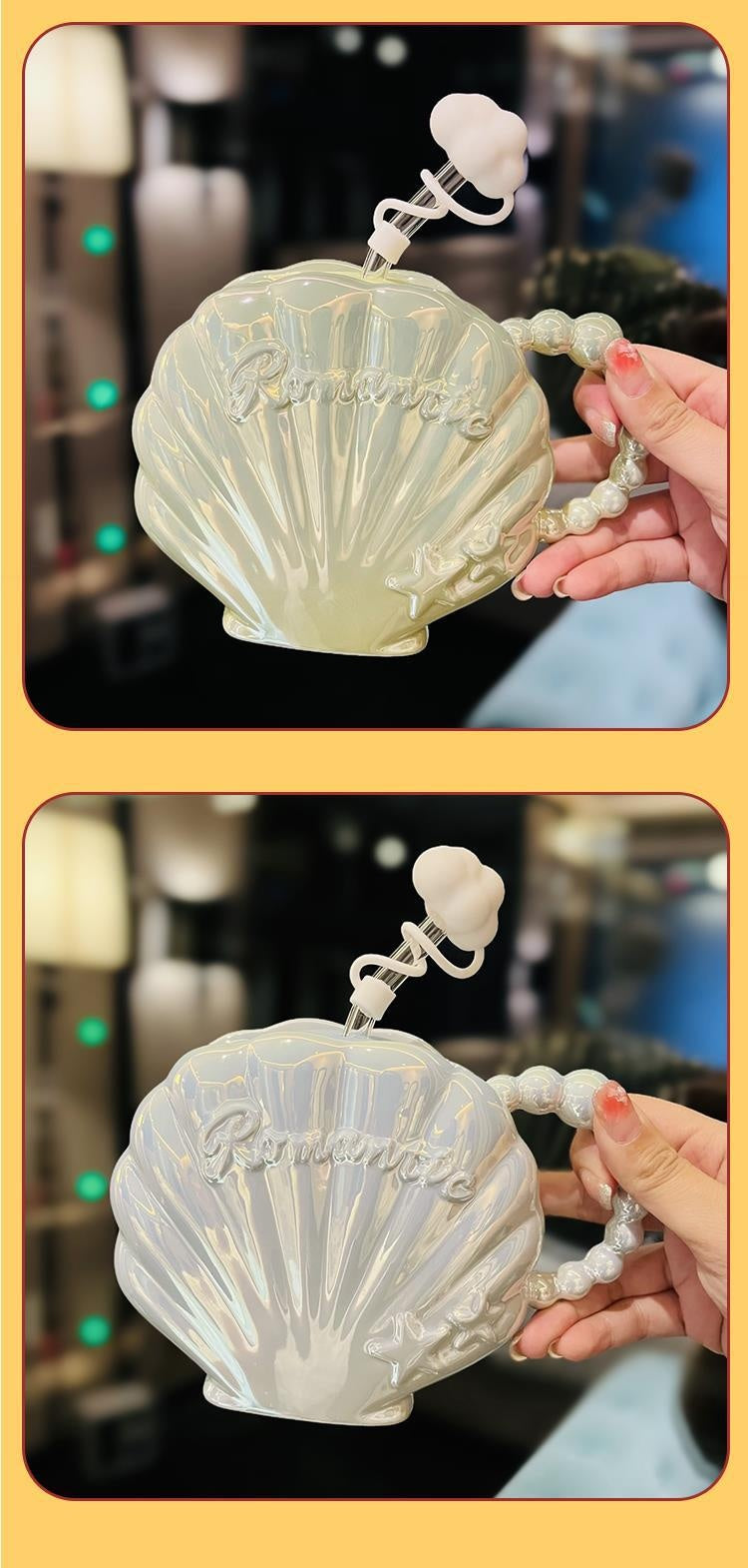 Ceramic Cup with Straw 450ml - Elegant Pearl Shell Design for Kitchen & Home Use