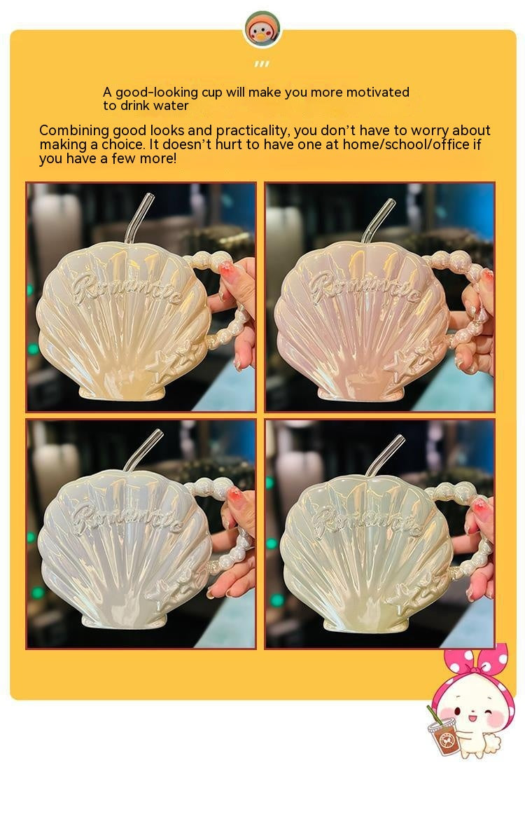 Ceramic Cup with Straw 450ml - Elegant Pearl Shell Design for Kitchen & Home Use