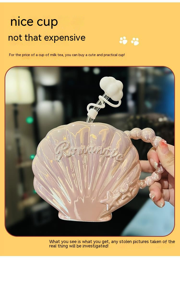 Ceramic Cup with Straw 450ml - Elegant Pearl Shell Design for Kitchen & Home Use