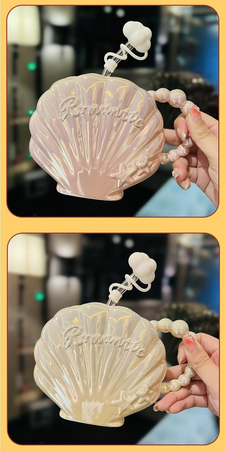 Ceramic Cup with Straw 450ml - Elegant Pearl Shell Design for Kitchen & Home Use