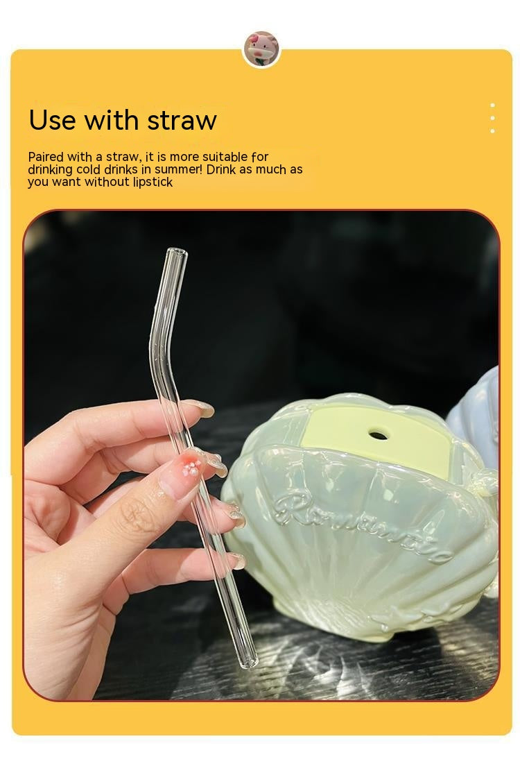 Ceramic Cup with Straw 450ml - Elegant Pearl Shell Design for Kitchen & Home Use