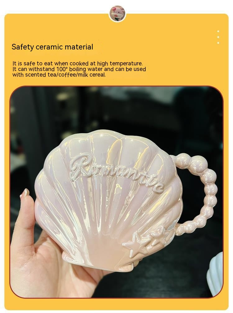 Ceramic Cup with Straw 450ml - Elegant Pearl Shell Design for Kitchen & Home Use