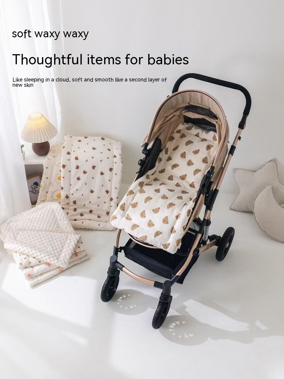 Baby Stroller Cotton Cushion Set with Star Moon Bear & Heart Designs – 40x80CM