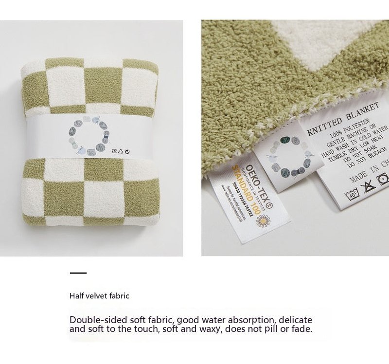 Large Retro Plaid Wool Blanket with Half Velvet Knit Sofa Cover