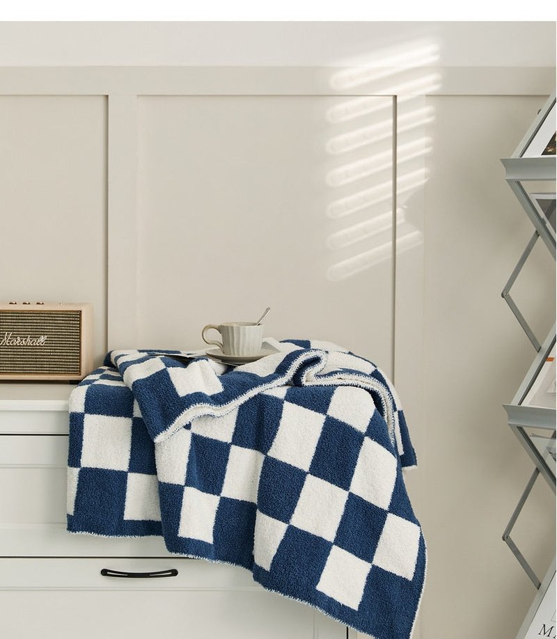 Large Retro Plaid Wool Blanket with Half Velvet Knit Sofa Cover