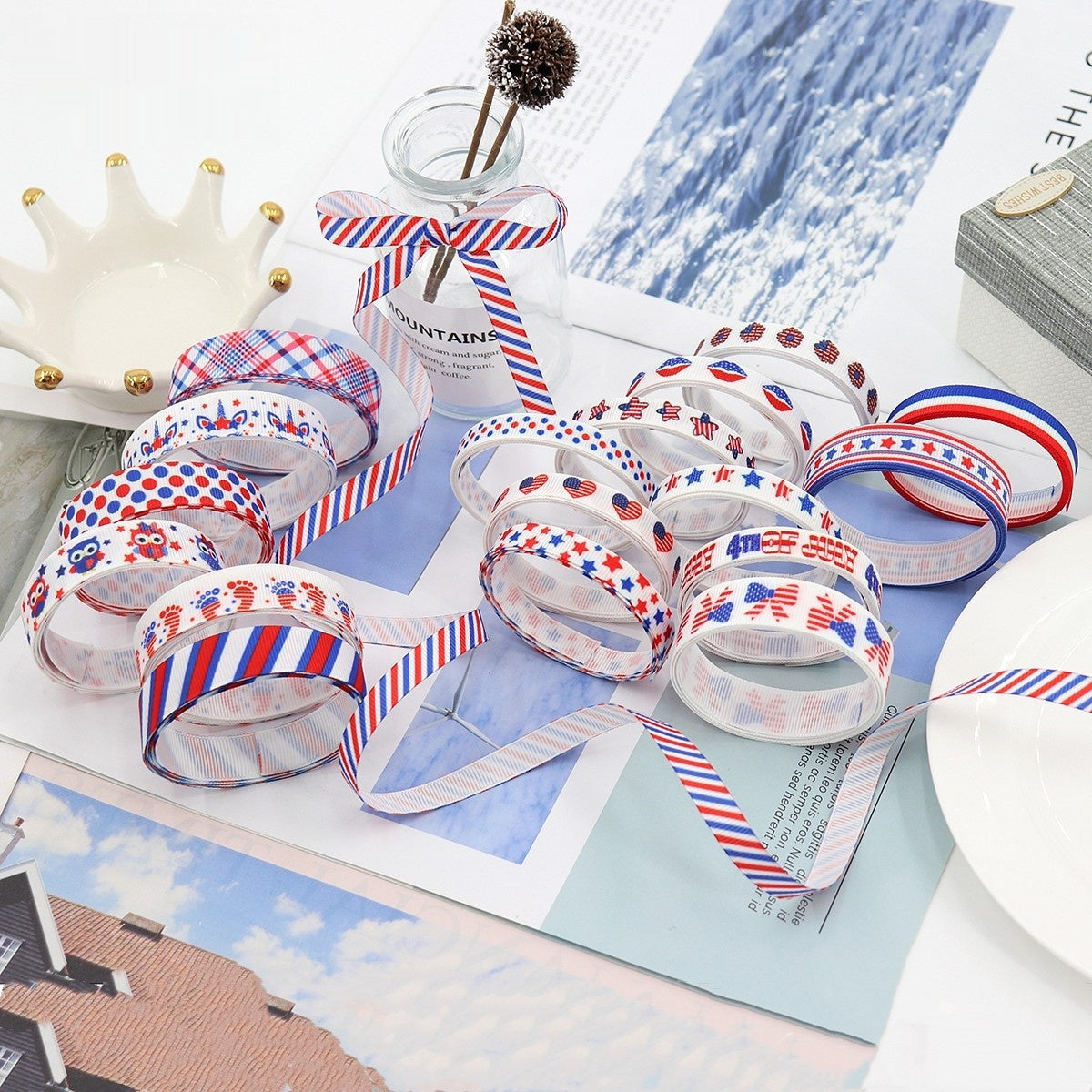 Stars and Stripes Ribbon Dovetail Bowknot Hair Accessory - Multiple Colors & Lengths