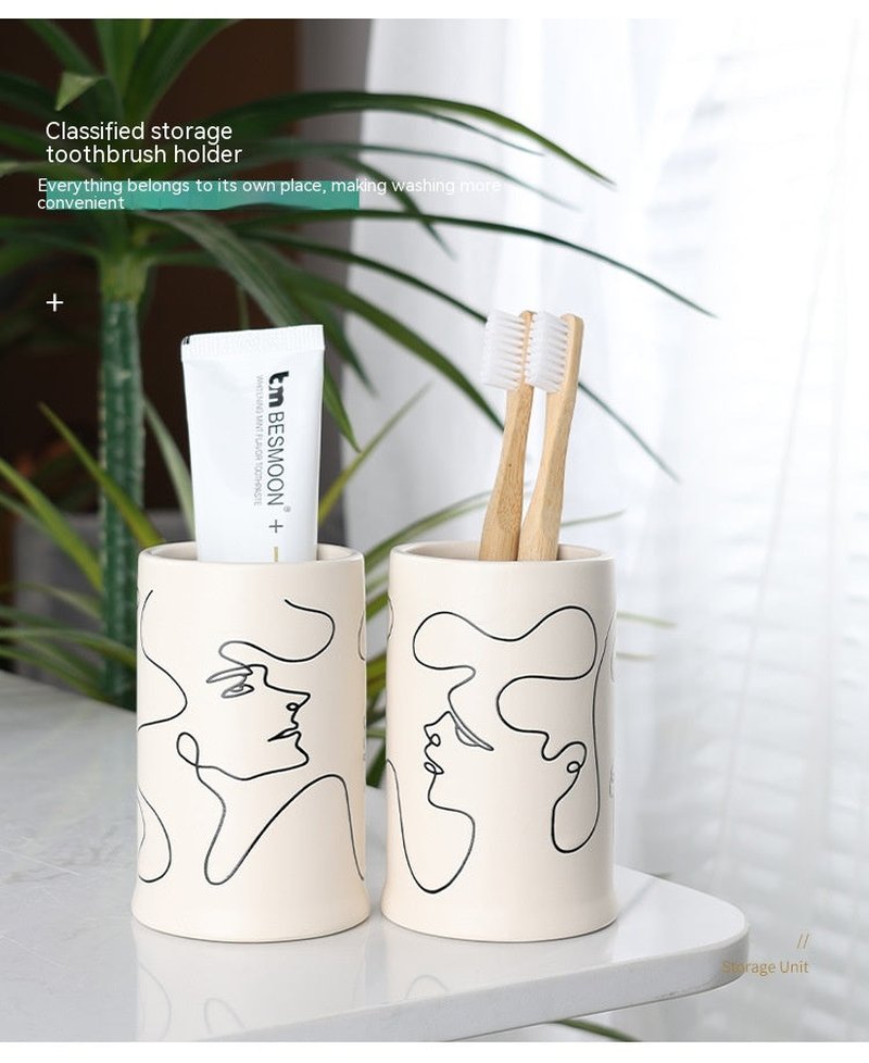 Ceramic Mouthwash Cup and Toothbrush Holder Set - White Bathroom Accessory