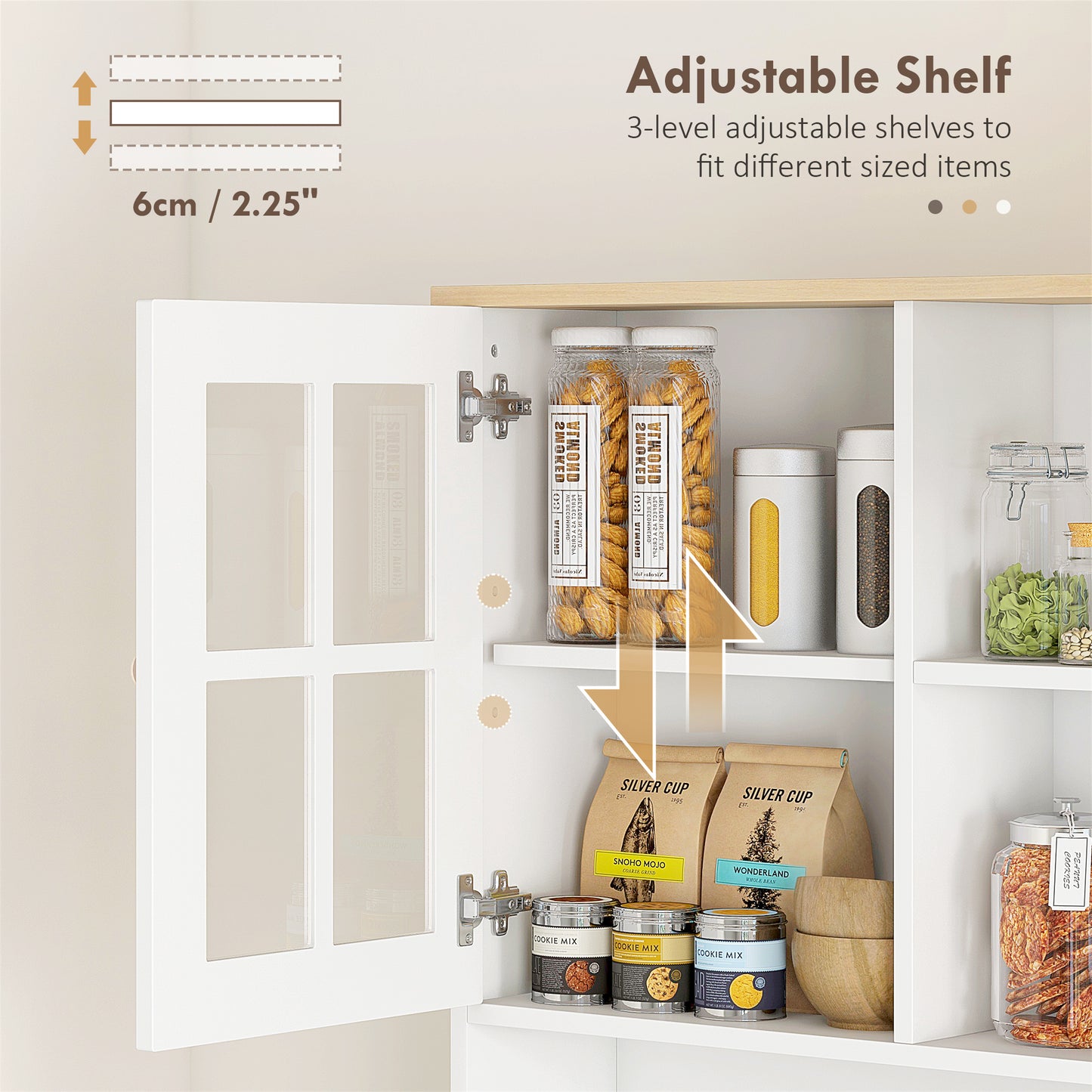 72" Freestanding Kitchen Pantry Cabinet with Hutch - White
