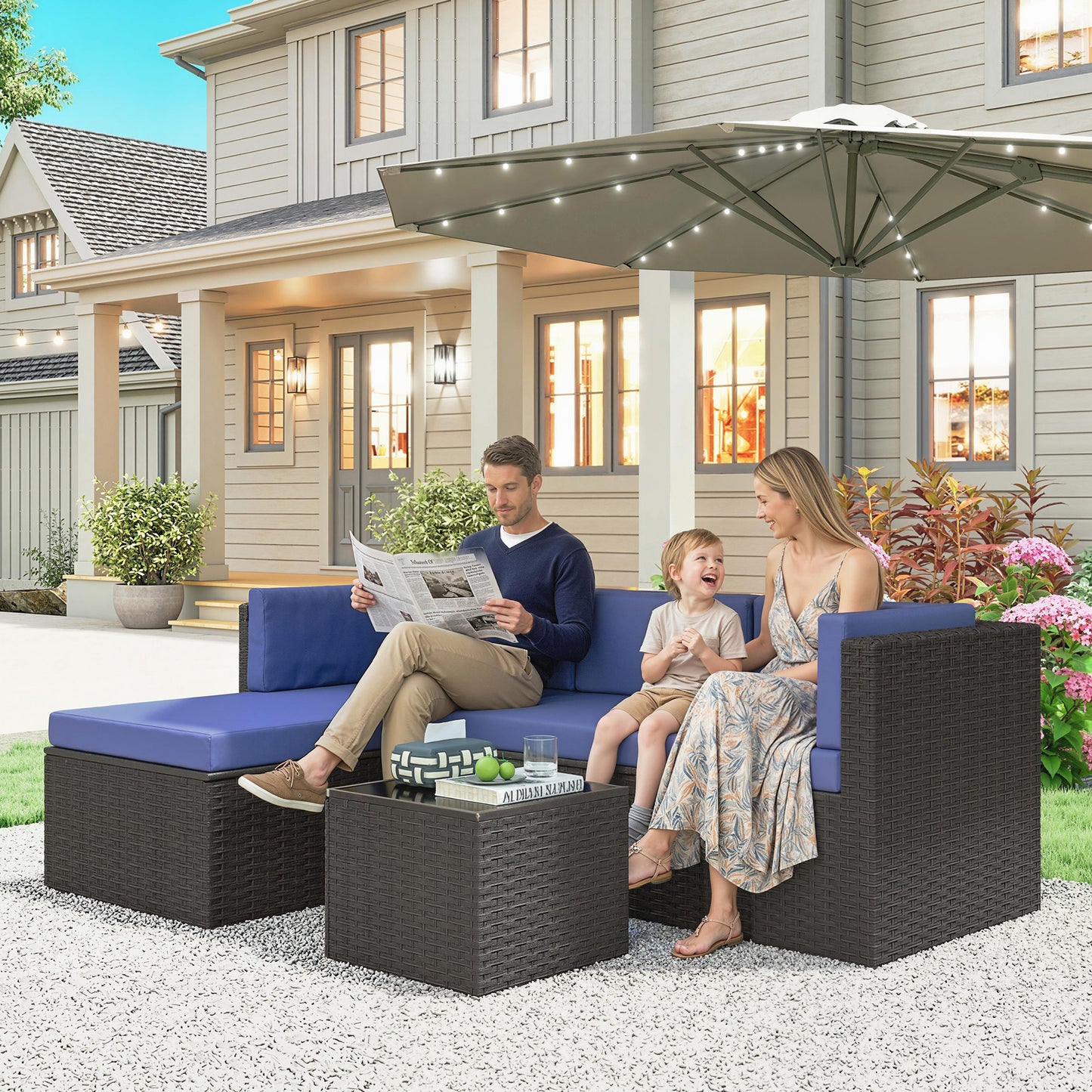 3-Piece Wicker Patio Furniture Set with Cushions & Glass Table - Navy Blue