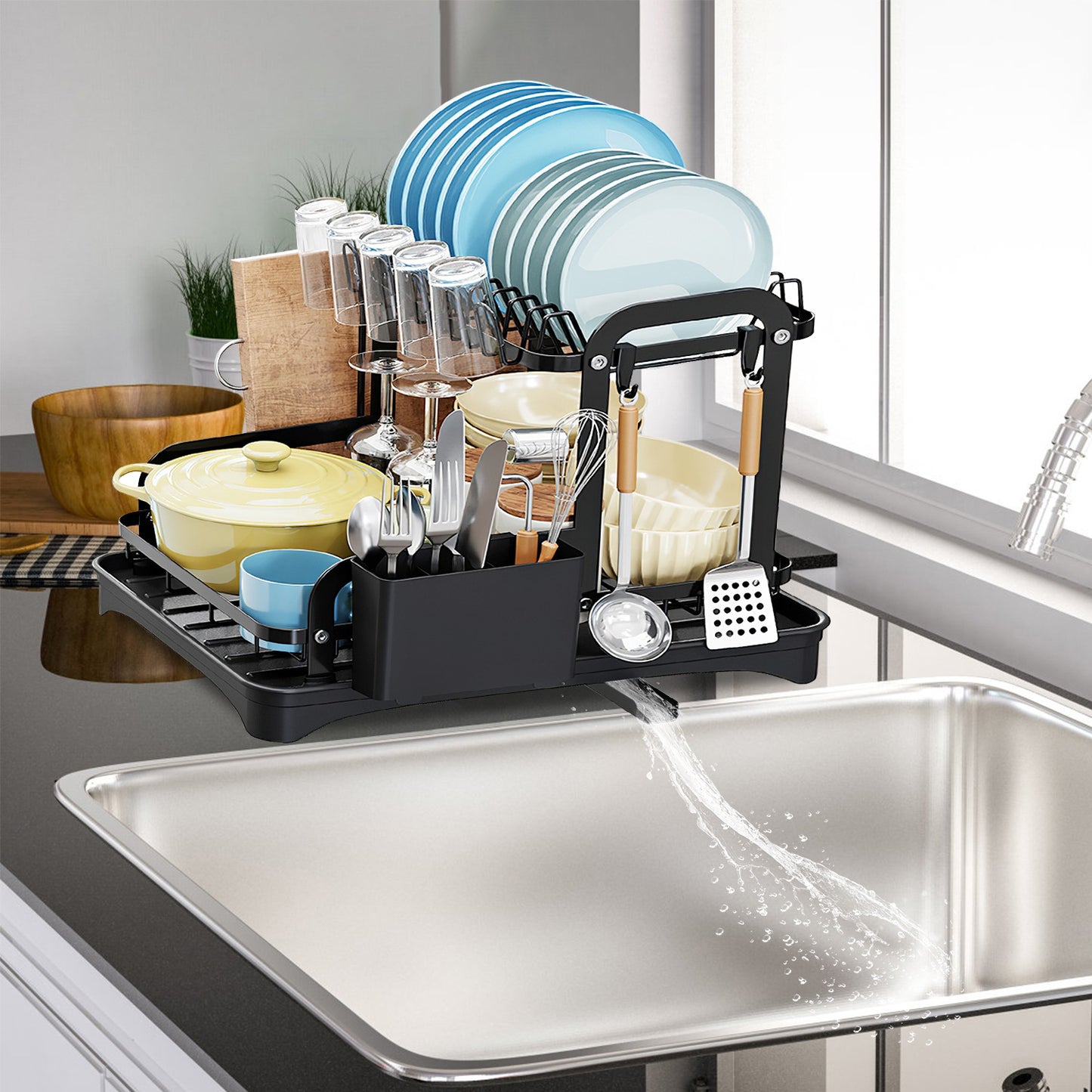 2-Tier Dish Drying Rack with Drainboard & Utensil Holder - Black