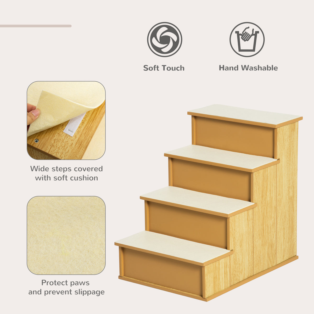 Small Pet Stairs with Cushioned Cover for Dogs & Cats Up to 22 lbs - Natural Wood