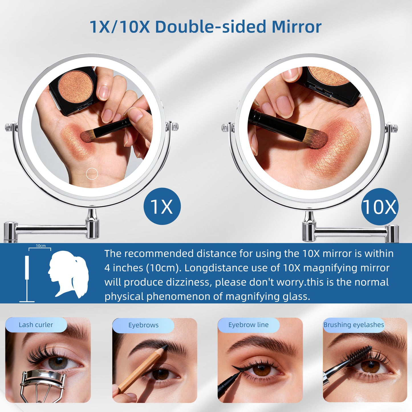 Wall Mounted Lighted Makeup Mirror - 1X/10X Magnification, Rechargeable, 3 Color Lights