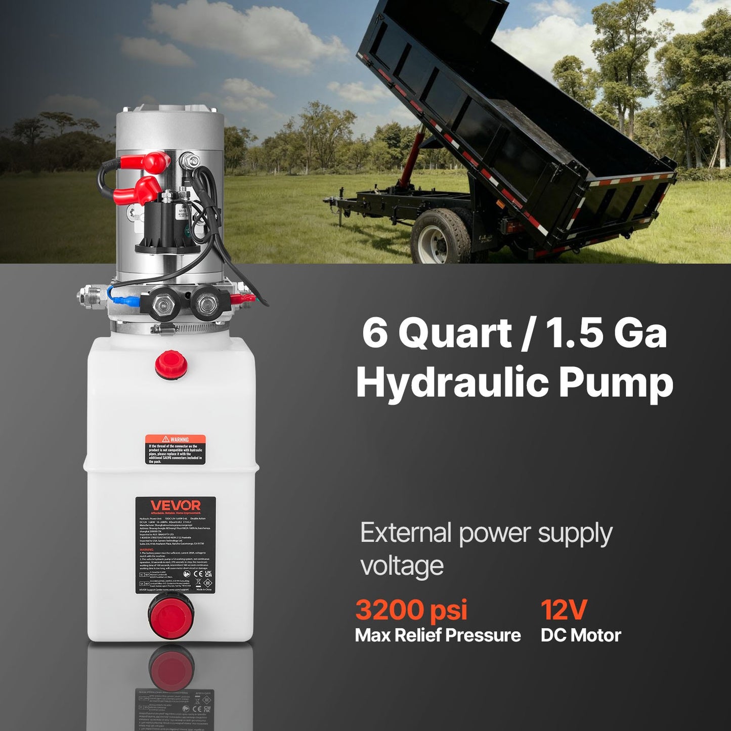 6 Quart Hydraulic Power Unit DC 12V Pump for Dump Trailer & Lifting - Black