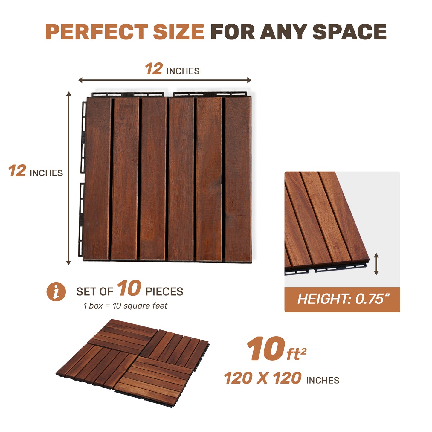 10 PCS Interlocking Acacia Hardwood Deck Tiles - Brown