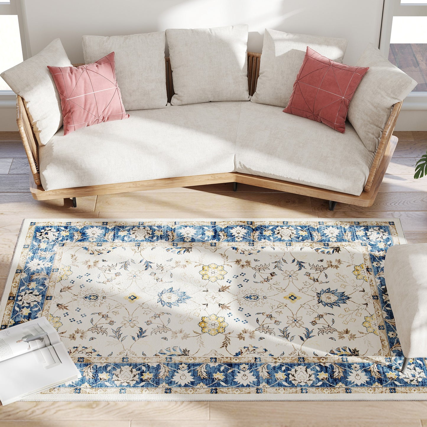 Machine Washable Non-Slip Area Rug 4x6 - Boho Floral Print, Blue