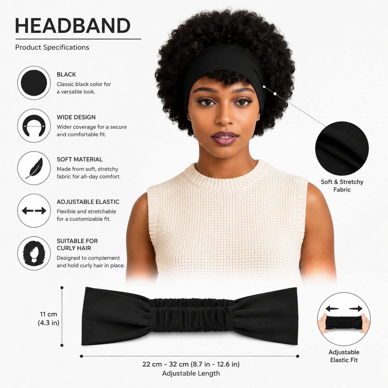 Short Afro Kinky Curly Synthetic Wig with Attached Headband - Model CC003
