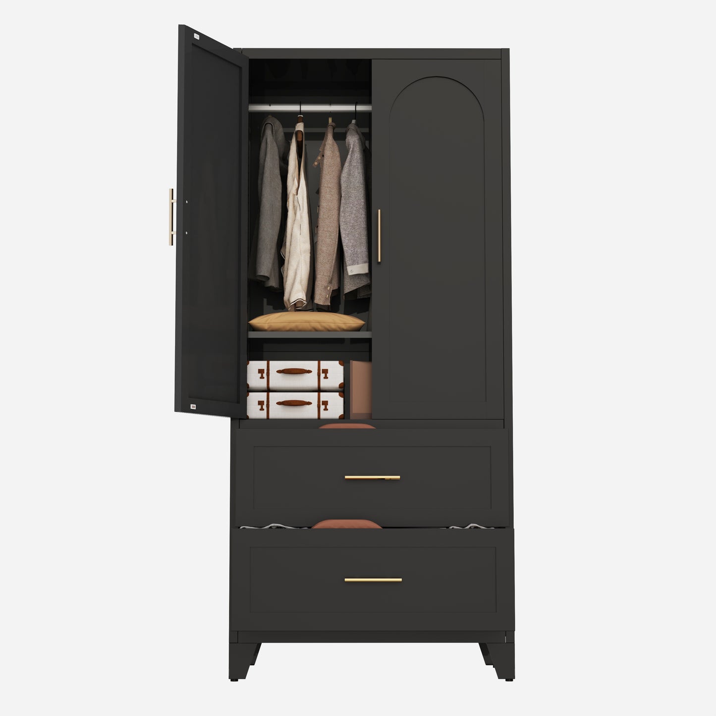 71" Tall Metal Wardrobe Cabinet with 2 Drawers & Shelf - Black