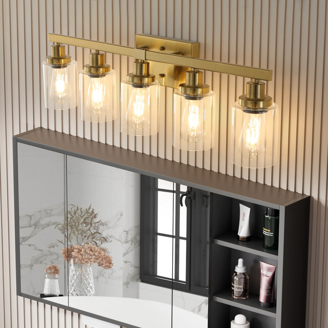 5-Light Golden Vanity Light Fixture with Clear Glass Shades