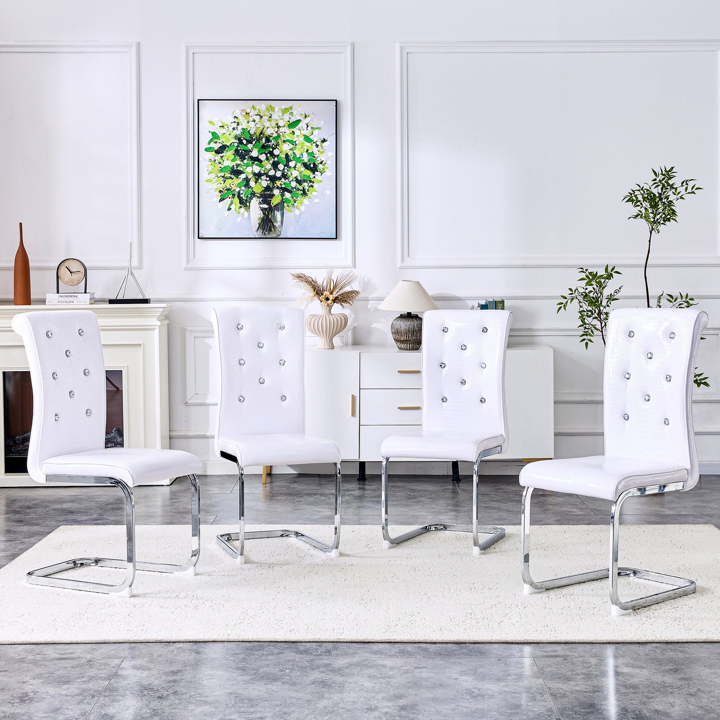 Set of 4 Retro Alligator Skin Dining Chairs - White with Crystal Buckle