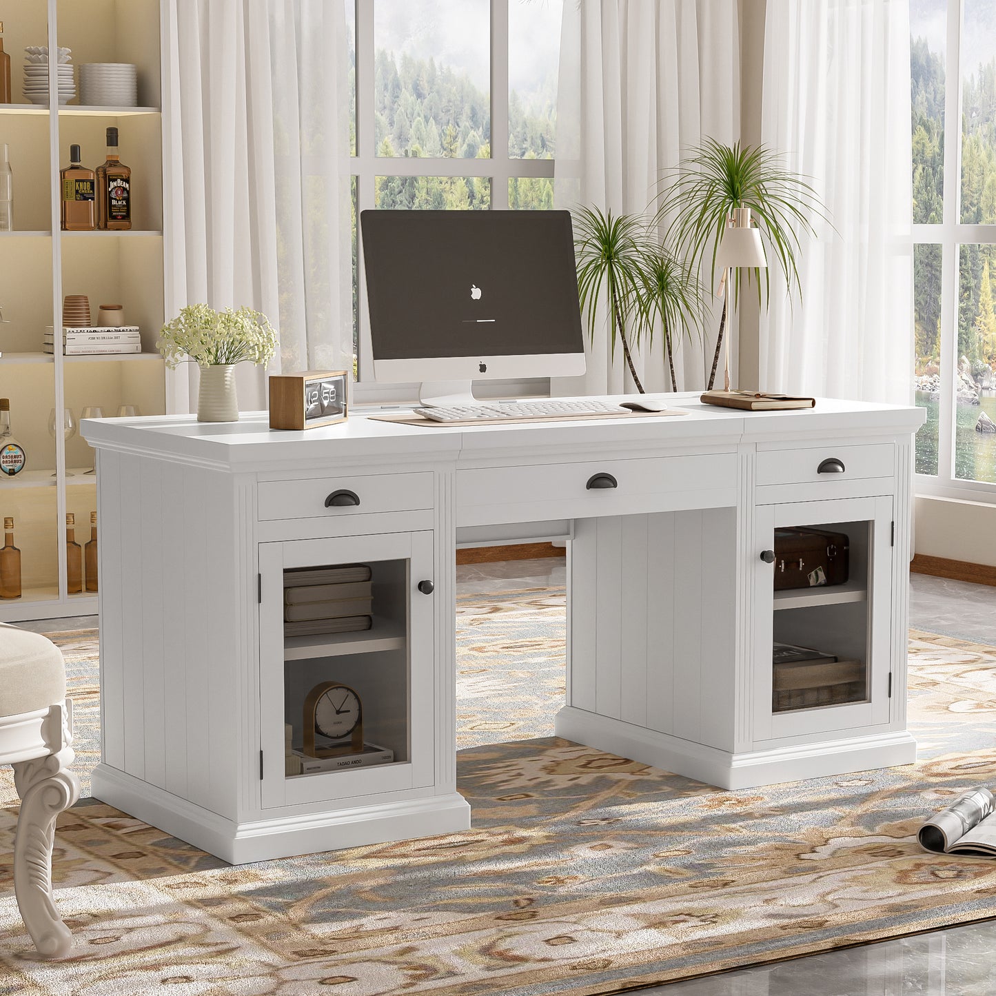 67 Modern Executive Desk,Computer Desk With 2 Glass Doors Storage