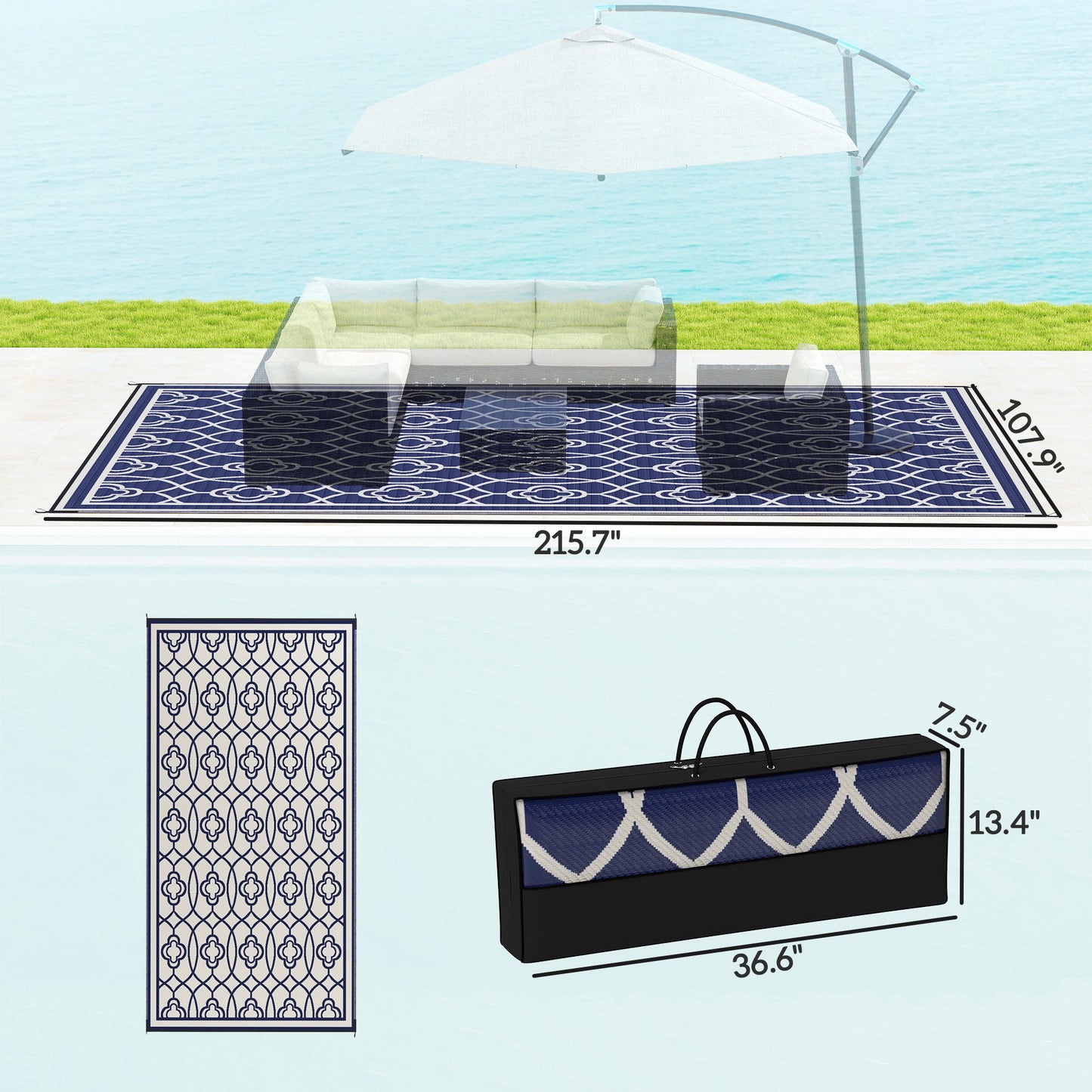 Reversible Outdoor Rug - Waterproof Plastic Straw, 9x18 ft, Blue & White Lantern
