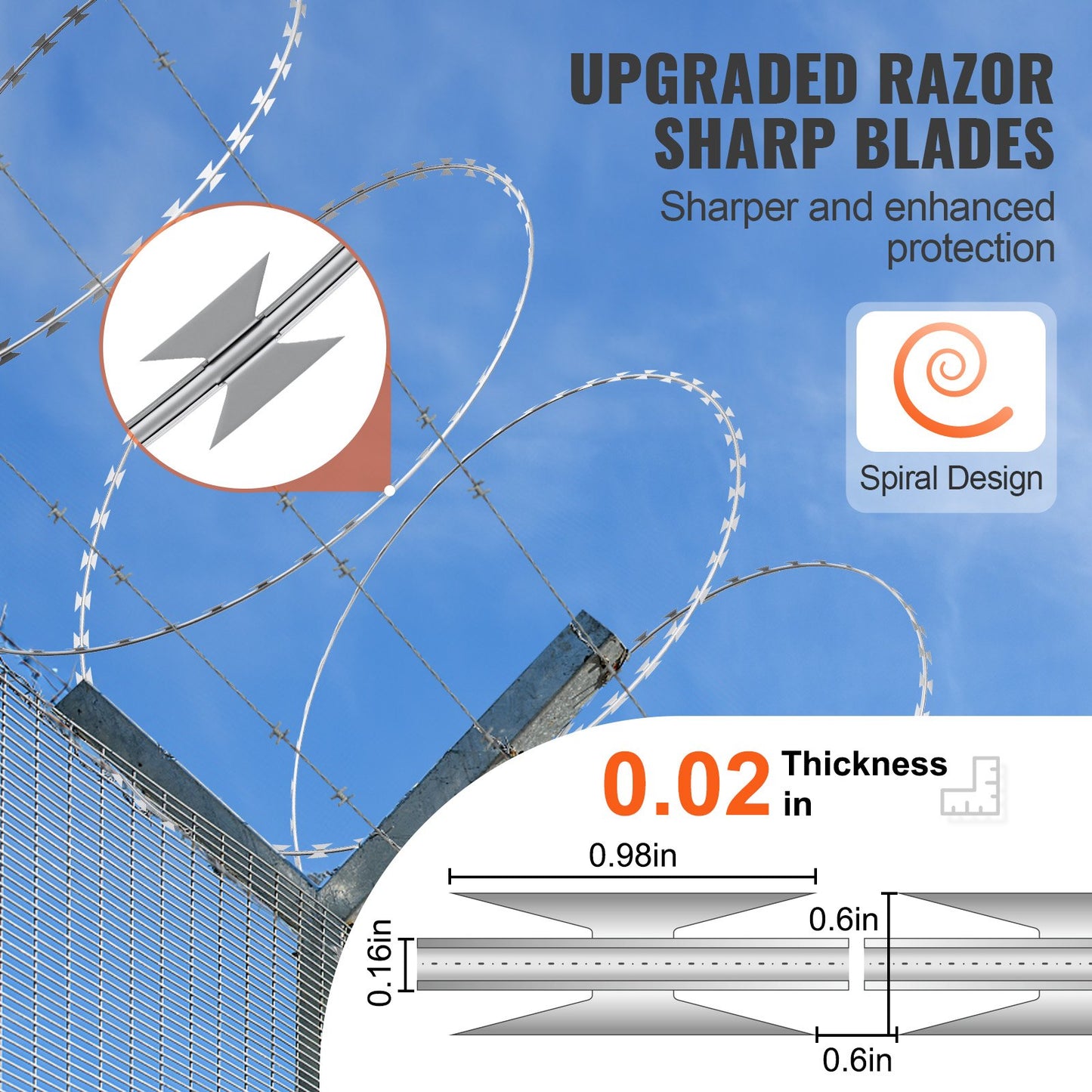 Galvanized Razor Wire Fencing - 98 Ft Security Barrier for Gardens - Silver