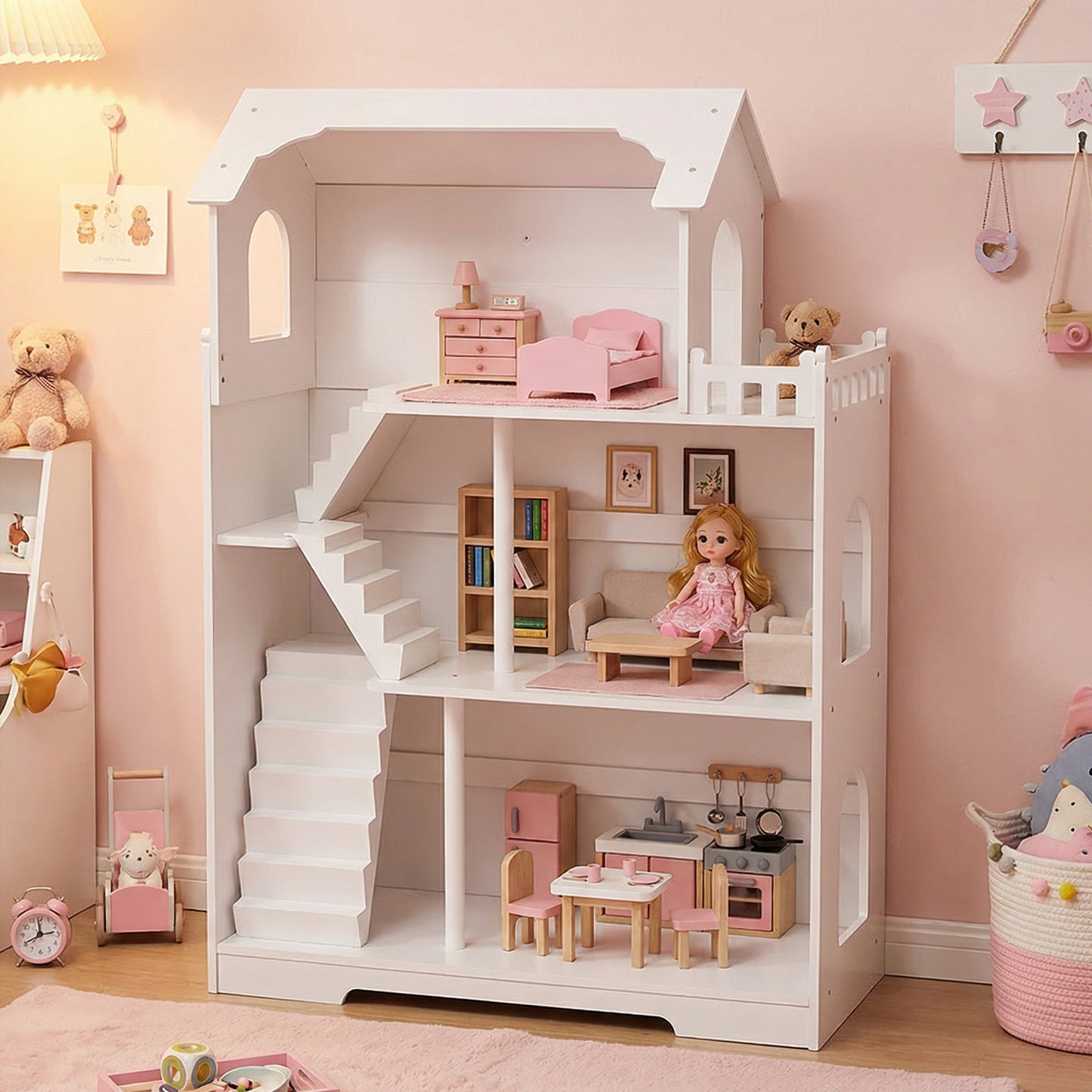 Wooden Dollhouse Bookshelf 3 Tier Kids Bookcase For Children Above